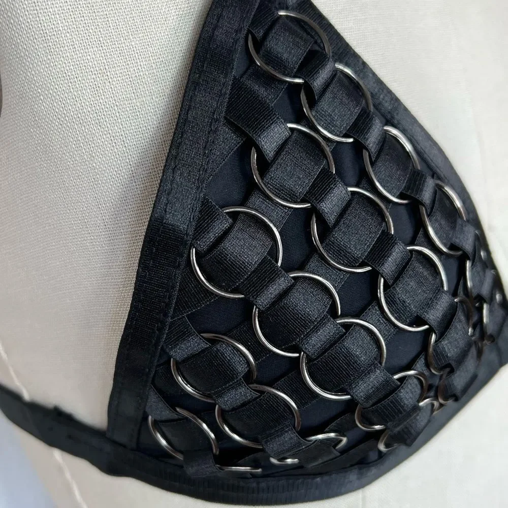 Dolls Kill black goth metal rings mesh black satin bra top statement piece  M